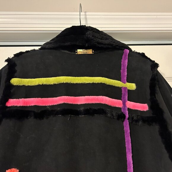 ZUKI Sz M/L Black Sheared Beaver w/Suede & Abstract Design Reversible Coat Jkt - Picture 12 of 14